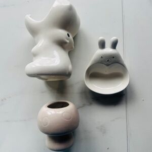 Studio Style Ceramic Trio: hippo, bunny dish & mushroom planter.